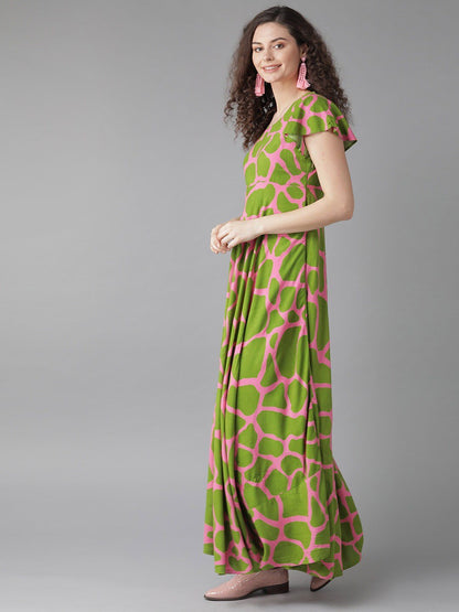 Women's  Green & Pink Printed Anarkali Kurta