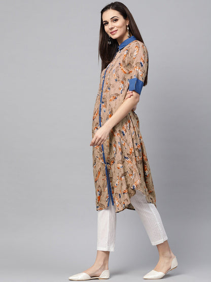 Women's  Beige & Rust Orange Feather Print A-Line Kurta
