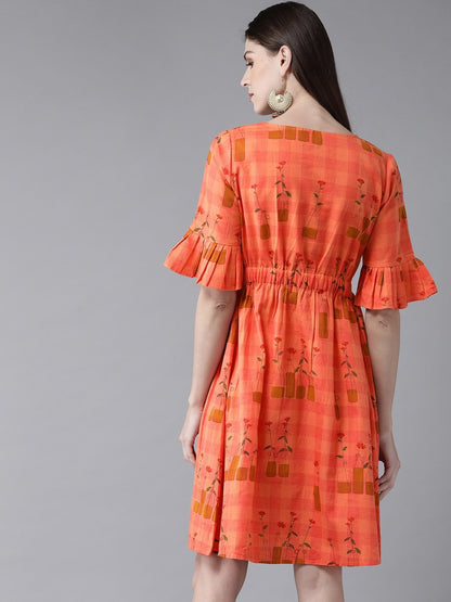 Women's  Orange & Mustard Brown Printed Fit and Flare Dress