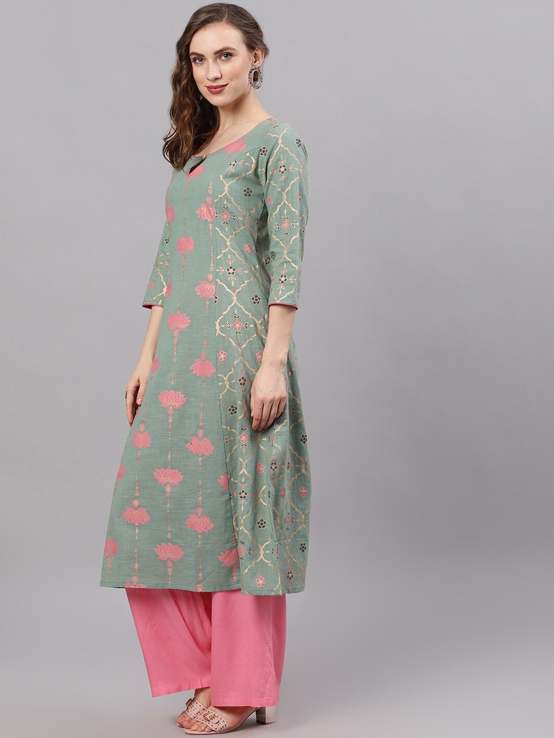 Women's  Green & Pink Printed Straight Kurta