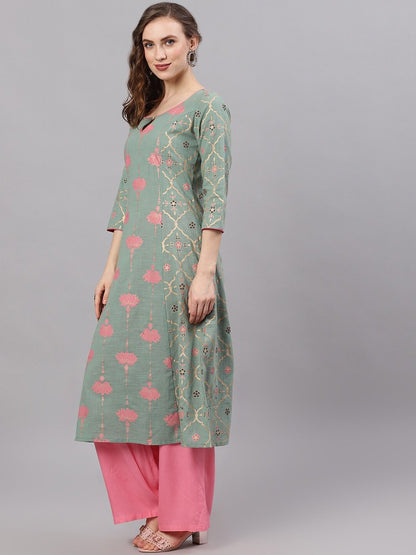 Women's  Green & Pink Printed Straight Kurta