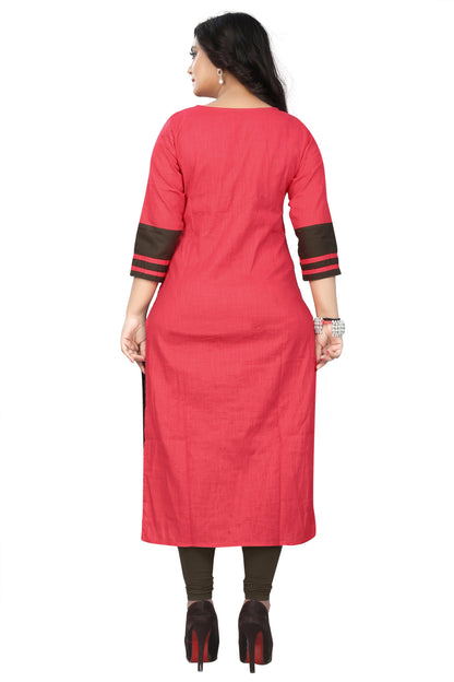 Women's Pink Color Cotton Straight Kurta  (1Pc)