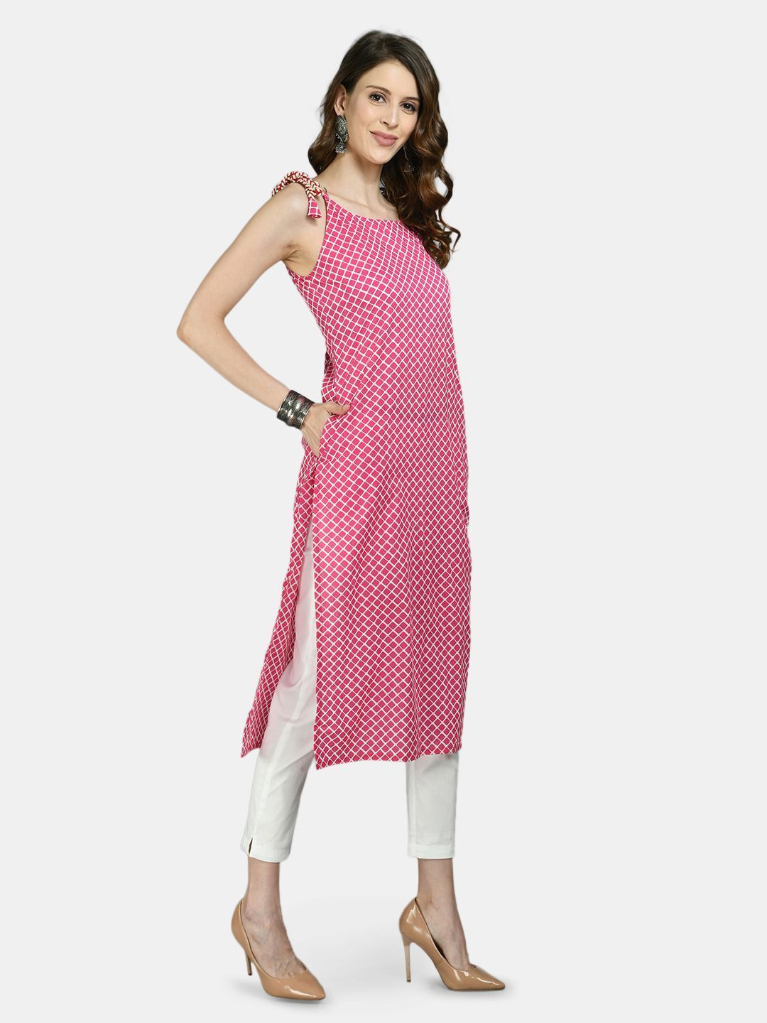Women Pink Cotton Printed Kurta by Myshka (