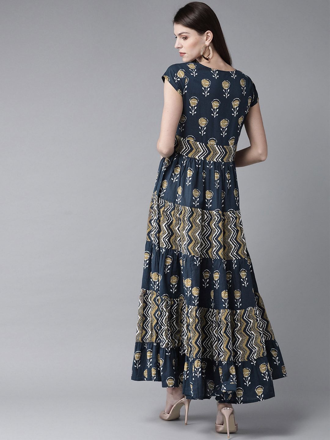 Women's  Navy Blue & Beige Printed Maxi Dress