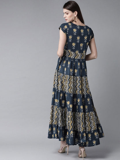 Women's  Navy Blue & Beige Printed Maxi Dress