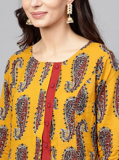Women's  Mustard Yellow & Maroon Printed Kurta with Trousers