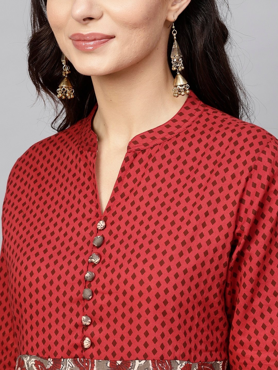 Women's  Maroon & Charcoal Grey Printed Anarkali Kurta