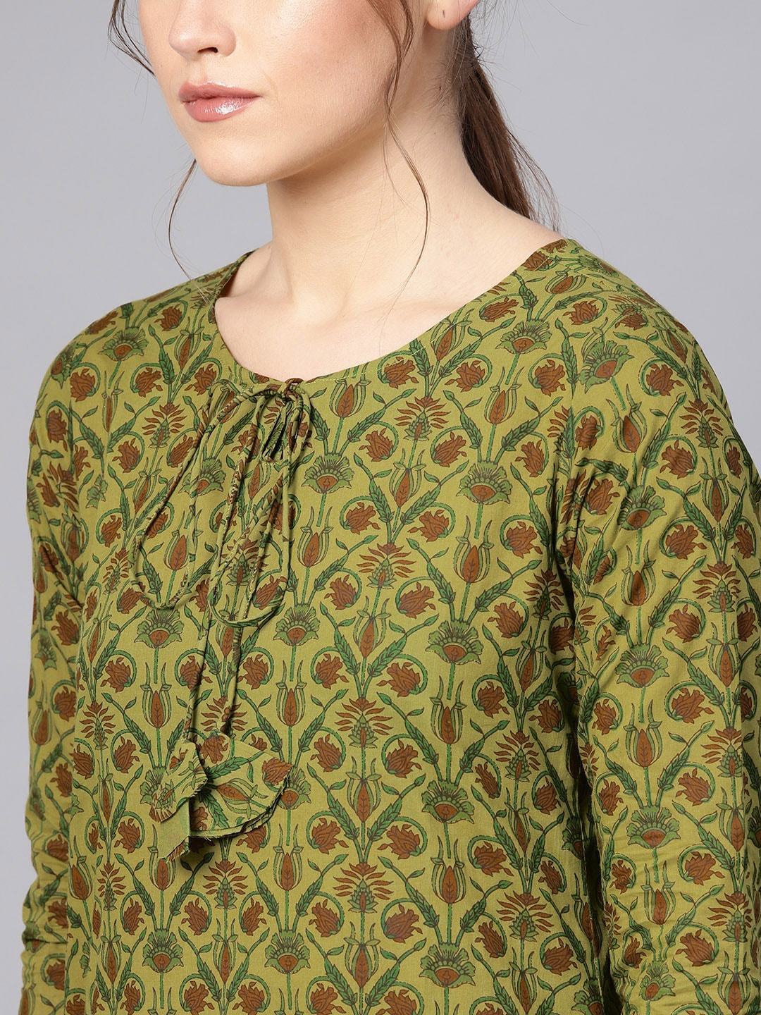 Women's  Green & Maroon Khari Print Kurta with Palazzos & Dupatta