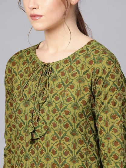 Women's  Green & Maroon Khari Print Kurta with Palazzos & Dupatta