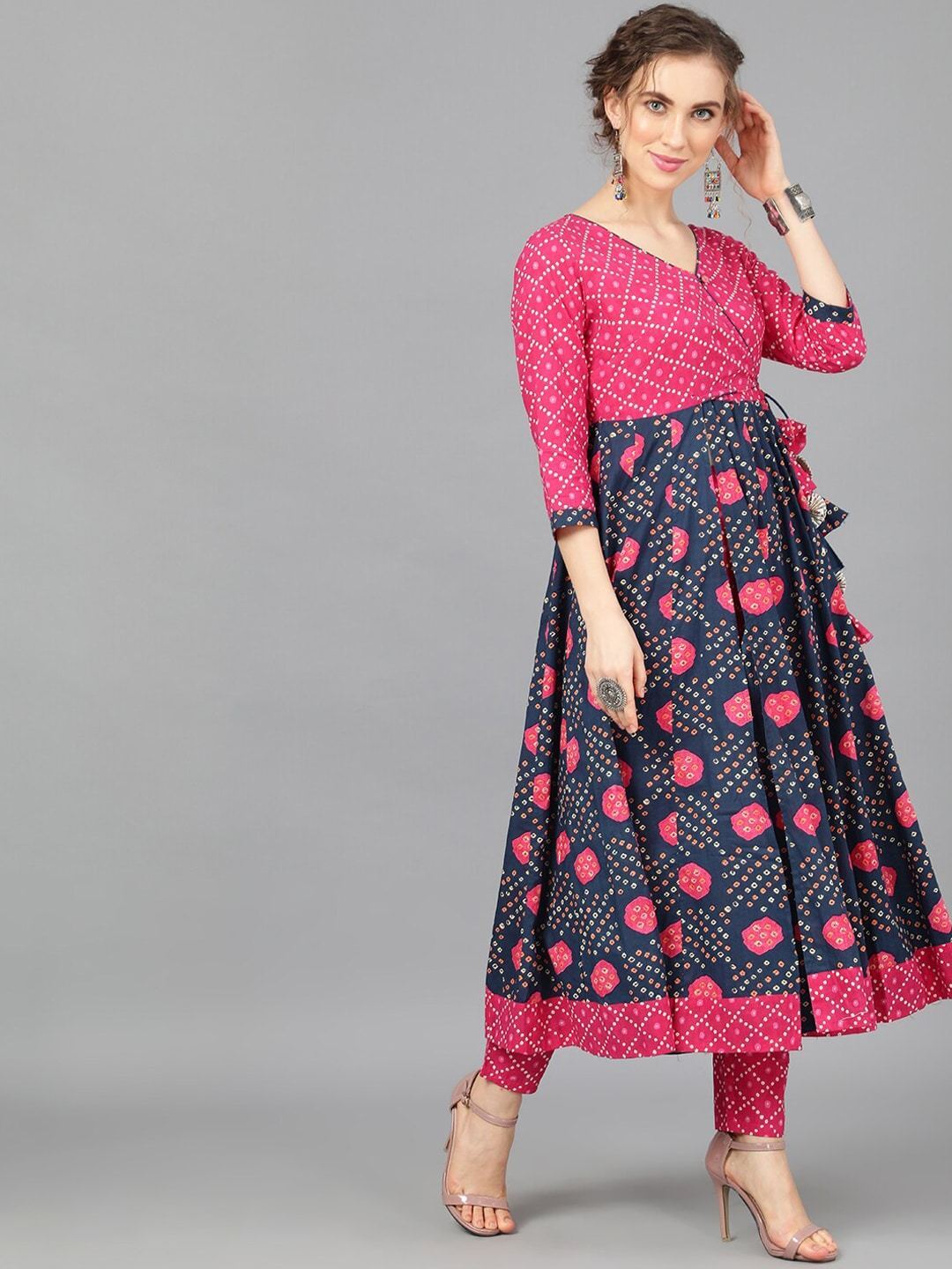 Women's  Navy Blue & Pink Printed Anarkali Style Angarkha Kurta