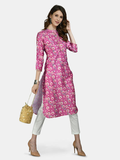 Women Pink Silk Printed Kurta by Myshka (
