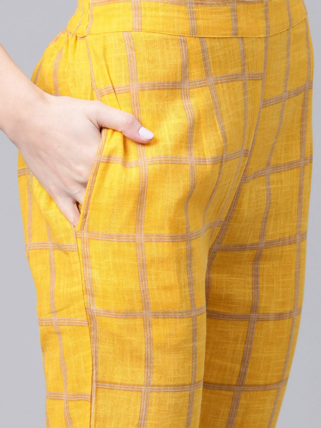Women's  Beige & Mustard Yellow & Beige Checked Kurta with Trousers