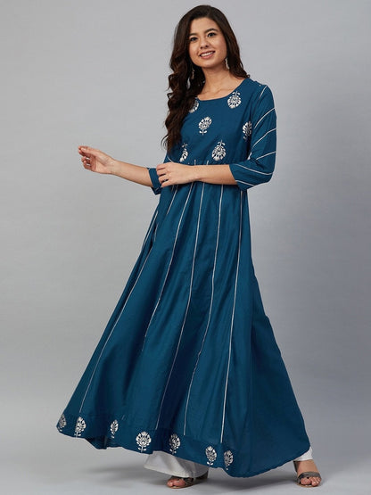 Women's Teal Blue & Silver-Toned Printed Anarkali Kurta