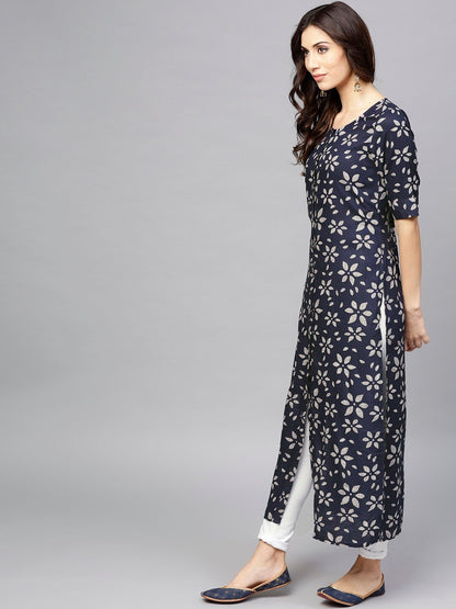 Women's  Navy Blue & Grey Printed Straight Kurta