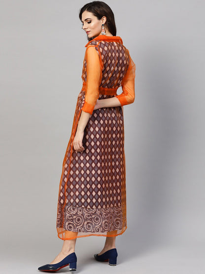 Women's  Orange Sheer Solid Lightweight Longline Ethnic Jacket