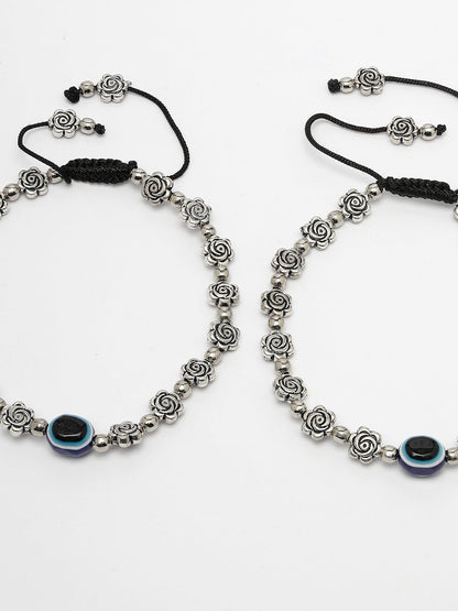 Women's Evil Eye Black Silver Plated Adjustable Anklets