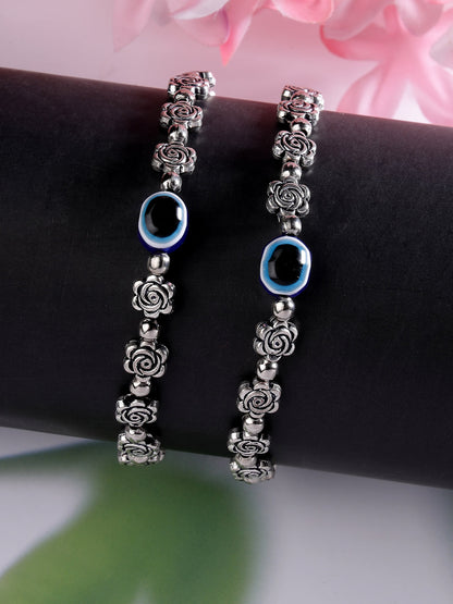 Women's Evil Eye Black Silver Plated Adjustable Anklets