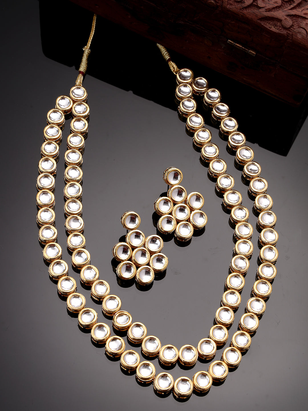 Women's Gold-Plated Kundan 2 layered handcrafted Jewellery Sets with drop earrings