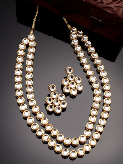 Women's Gold-Plated Kundan 2 layered handcrafted Jewellery Sets with drop earrings
