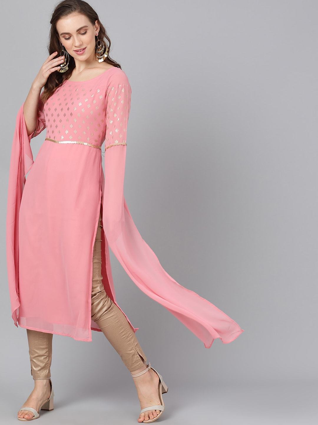 Women's  Pink Yoke Design Straight Kurta