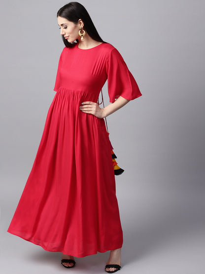 Women's Red Flared Pleated Anarkali