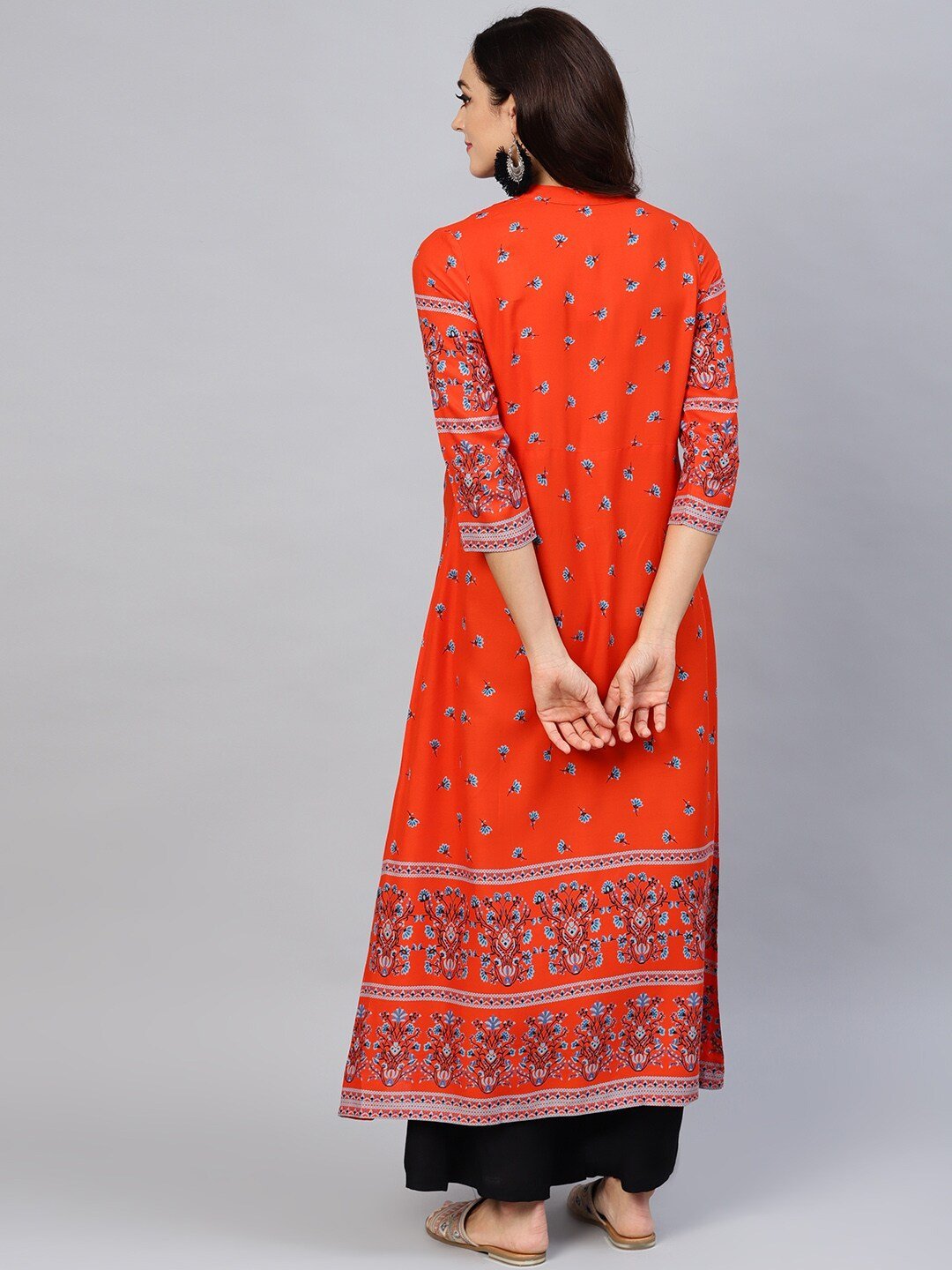 Women's  Orange & Teal Blue Printed A-Line Nursing Kurta