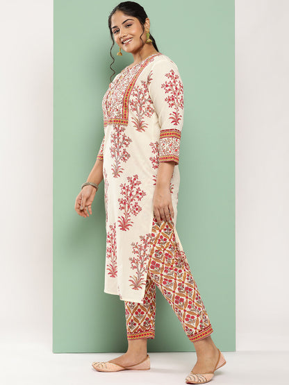 Women's Off White Printed Kurta With Trousers & With Dupatta