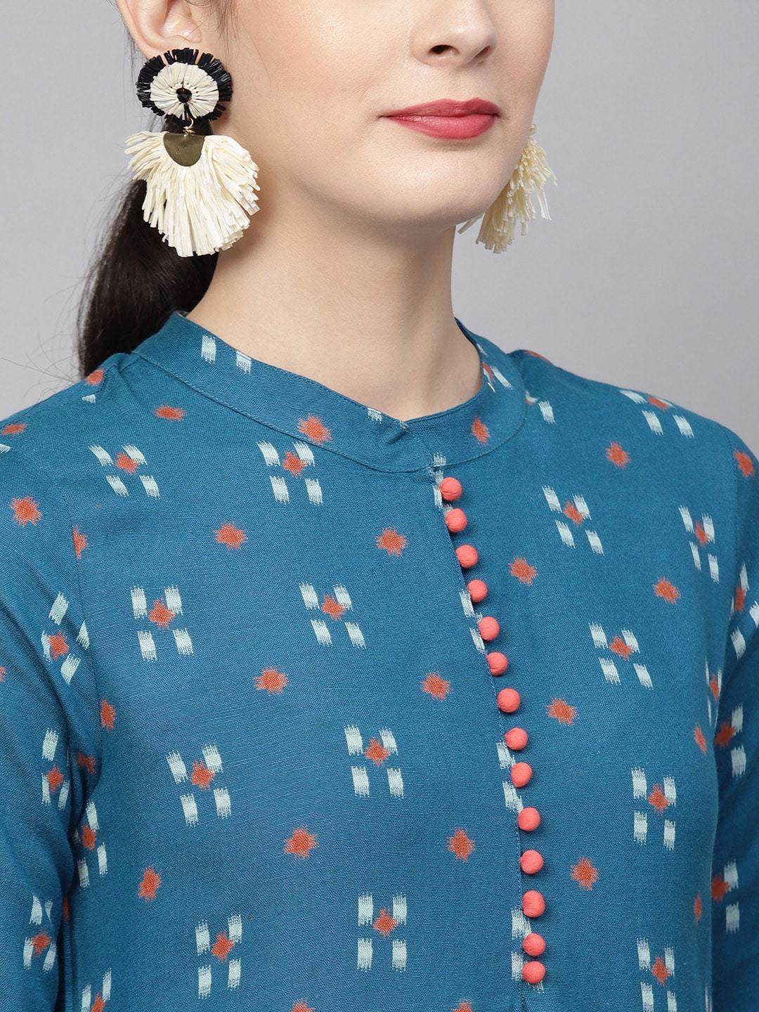 Women's  Teal Blue Printed Straight Kurta