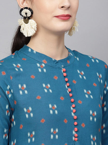 Women's  Teal Blue Printed Straight Kurta