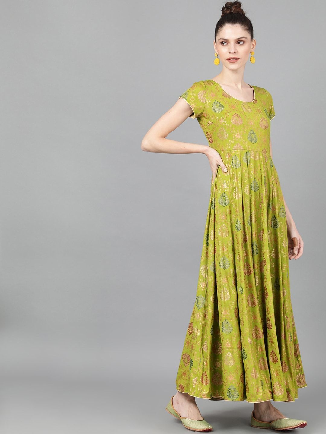 Women's  Green Printed Ethnic Maxi Dress