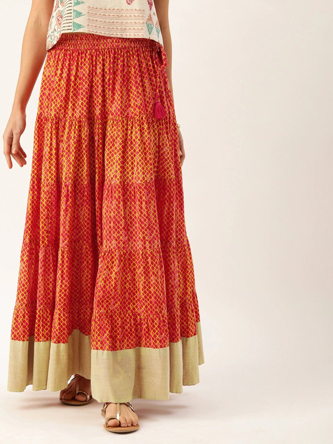 Women's Rust Orange & Mustard Yellow Dyed Tiered Flared Maxi Cotton Skirt