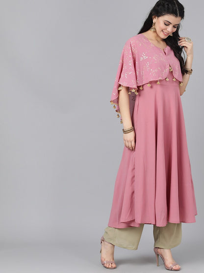 Women's  Mauve & Gold-Coloured Printed Anarkali Kurta