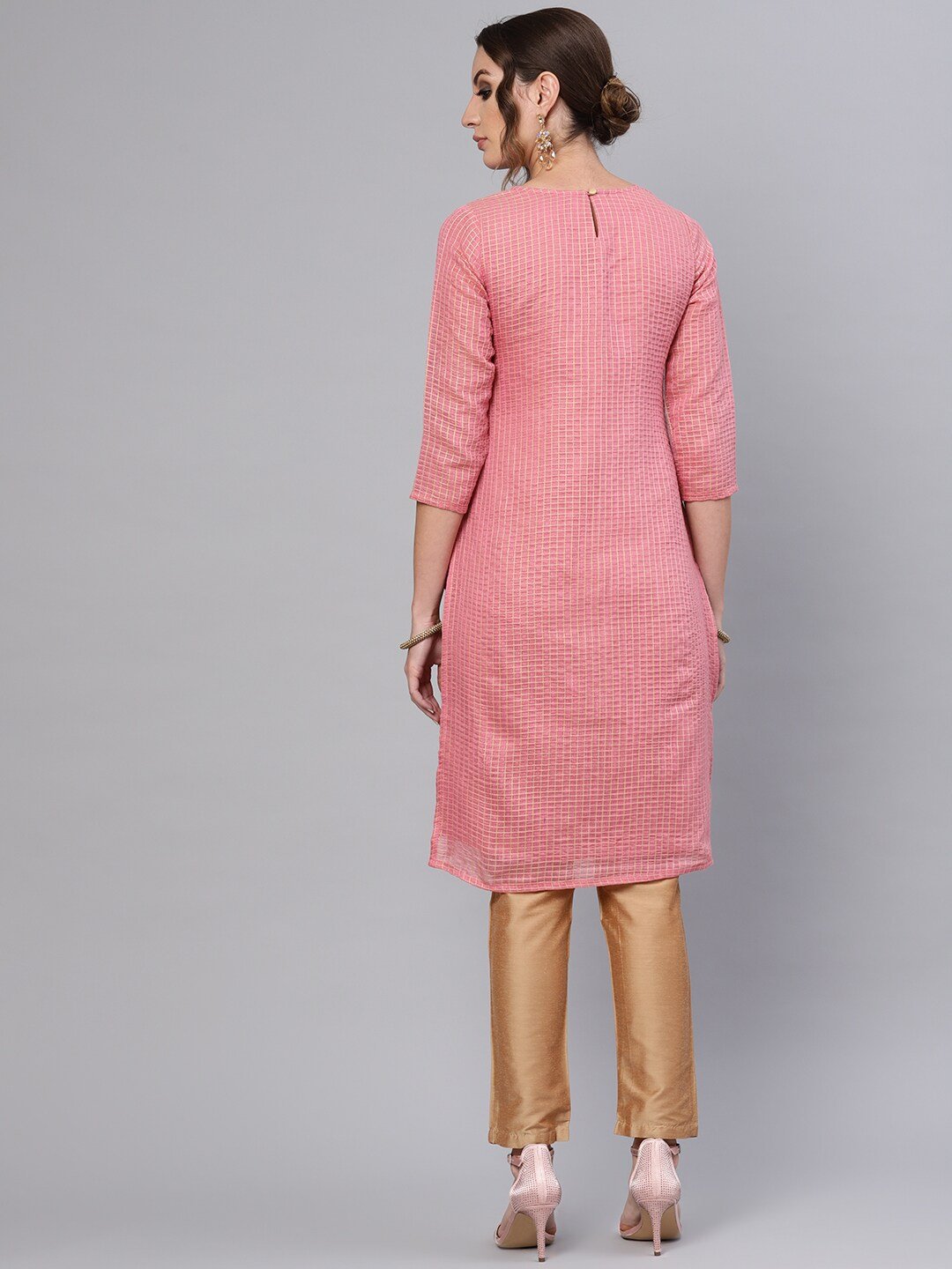 Women's  Pink & Beige Checked Straight Kurta