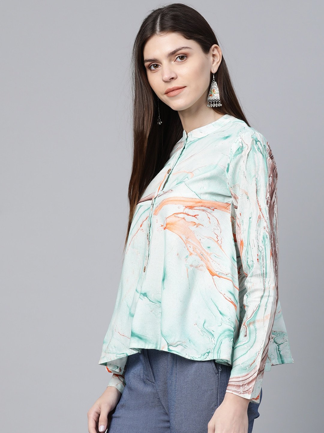 Women's  Sea Green & Orange Abstract Printed A-Line Tunic