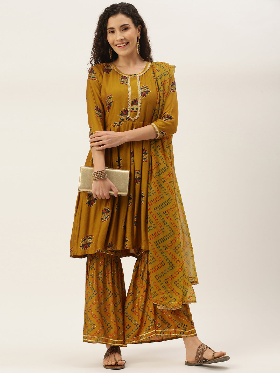 Women's Mustard Color Muslin Foil Printed Kurta Sharara With Dupatta
