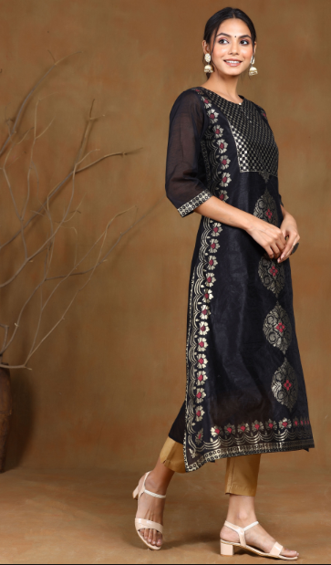 Women's Black Modal Chanderi Printed Straight Kurta