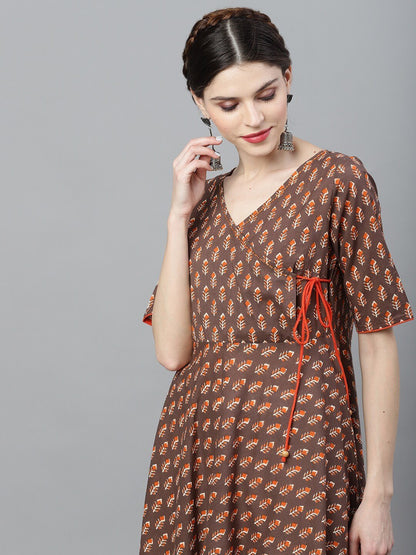 Women's  Brown & Orange Checked Anarkali Kurta