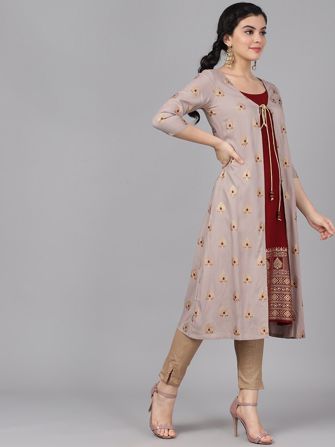 Women's  Maroon & Gold-Coloured Printed A-Line Kurta