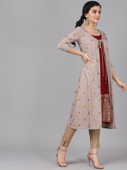 Women's  Maroon & Gold-Coloured Printed A-Line Kurta