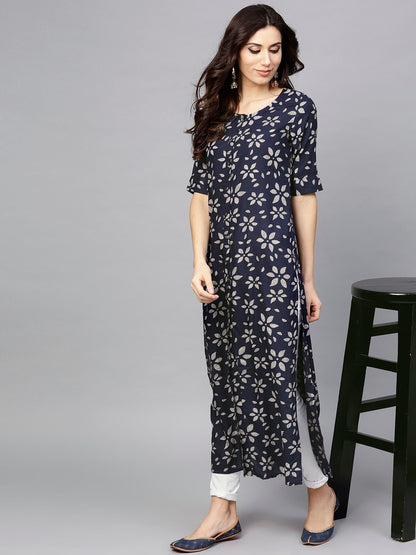 Women's  Navy Blue & Grey Printed Straight Kurta