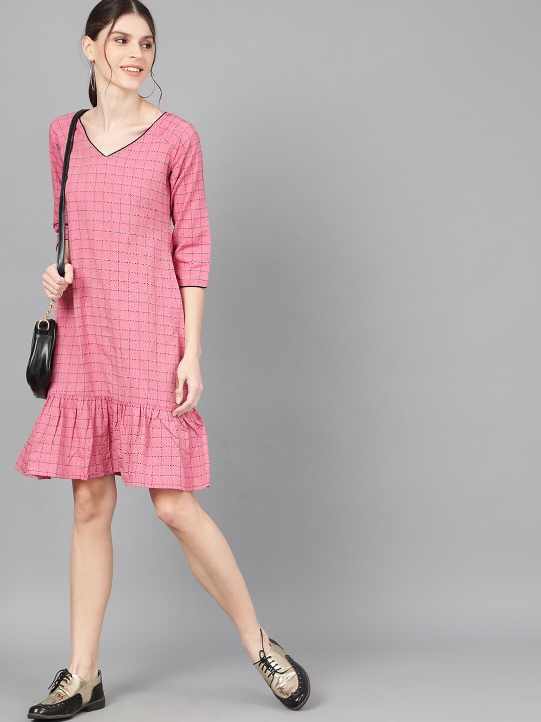 Women's  Pink & Black Checked Drop-Waist Dress