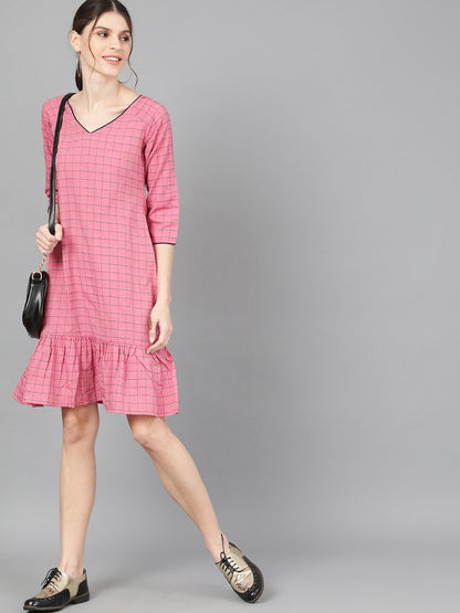Women's  Pink & Black Checked Drop-Waist Dress
