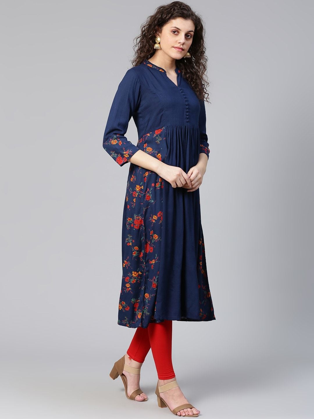 Women's Navy Blue & Red Floral Print Detail A-Line Kurta