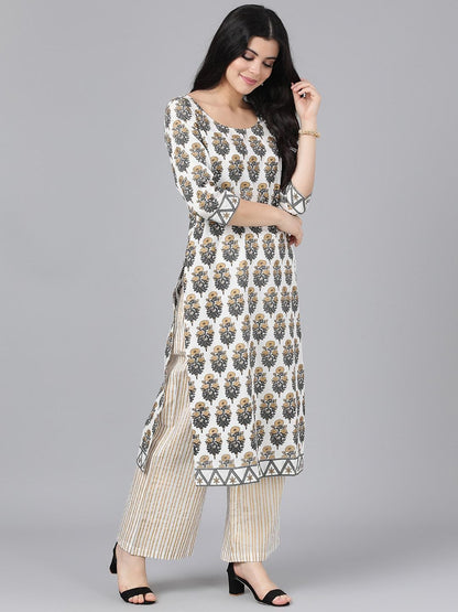 Women's  White & Gold-Toned Embroidered Kurta with Sharara & Dupatta