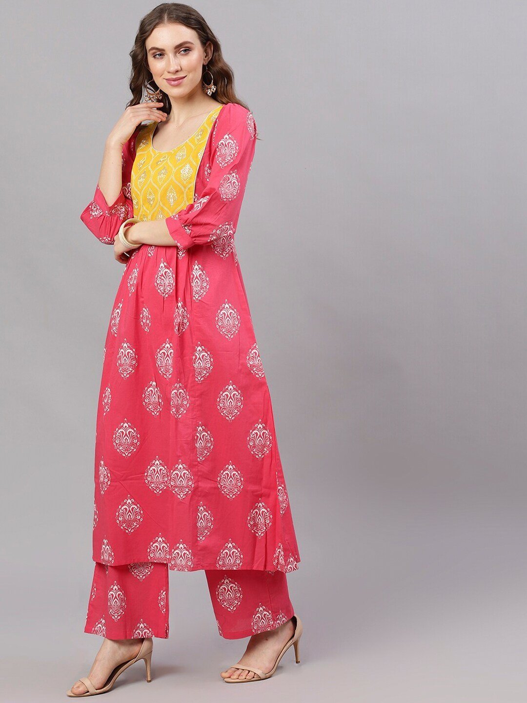 Women's  Pink & Yellow Yoke Design Anarkali Kurta