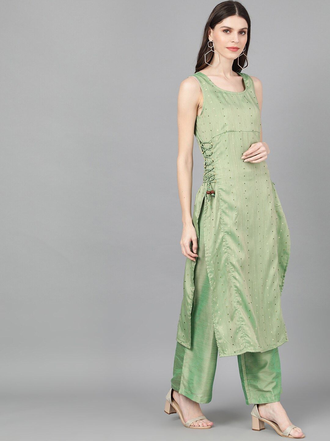 Women's  Green Dobby Woven Design Straight Kurta