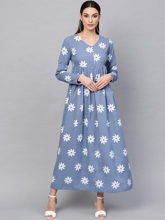 Women's  Blue & White Floral Khari Print Maxi Dress