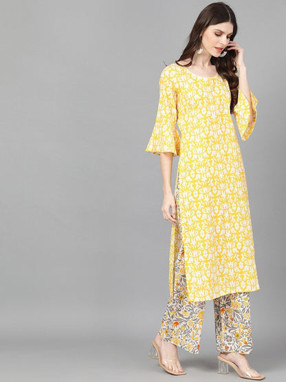 Women's  Yellow & White Printed Kurta with Palazzos