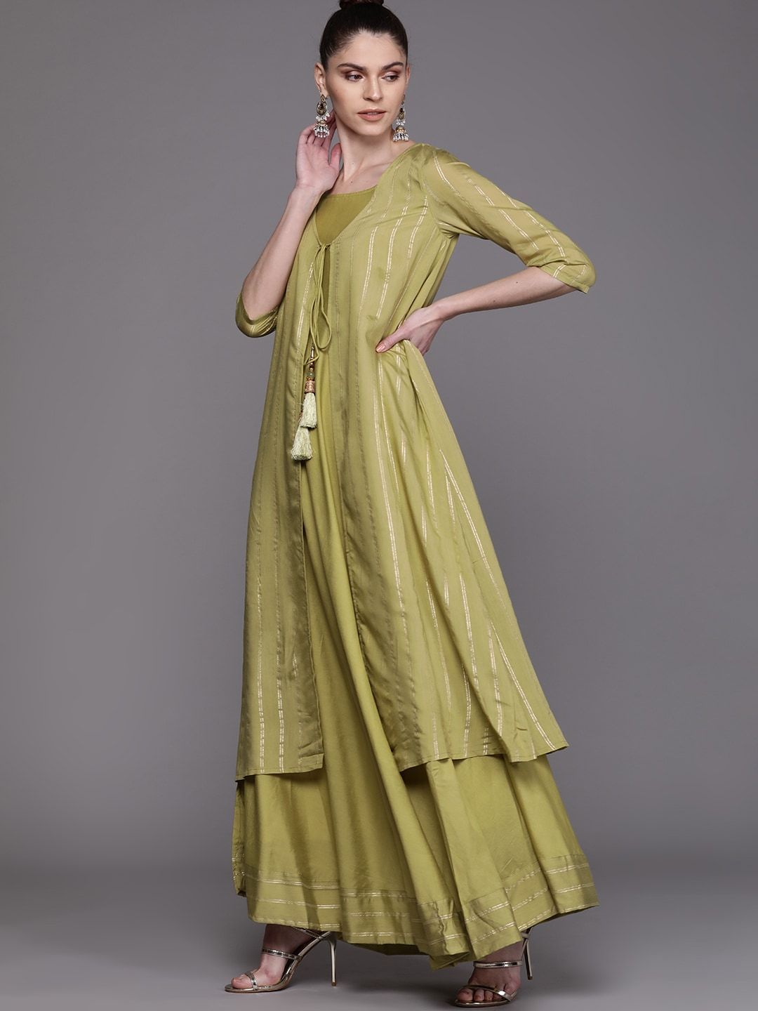 Women's  Olive Green & Golden Striped Layered Maxi Dress