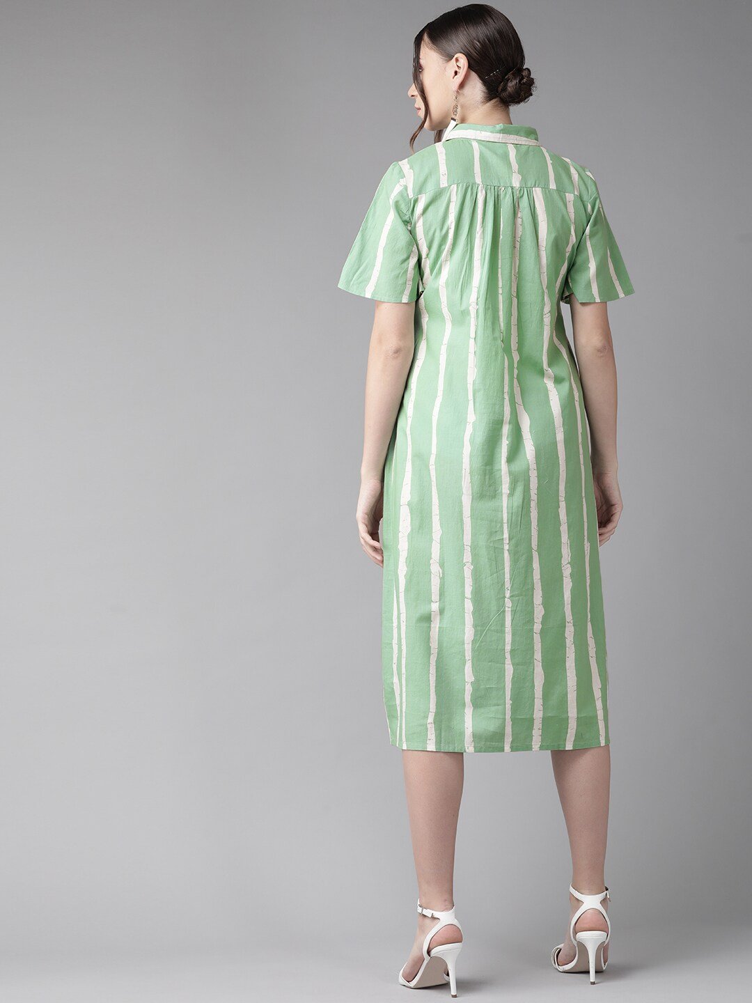 Women's  Green & White Striped Shirt Dress